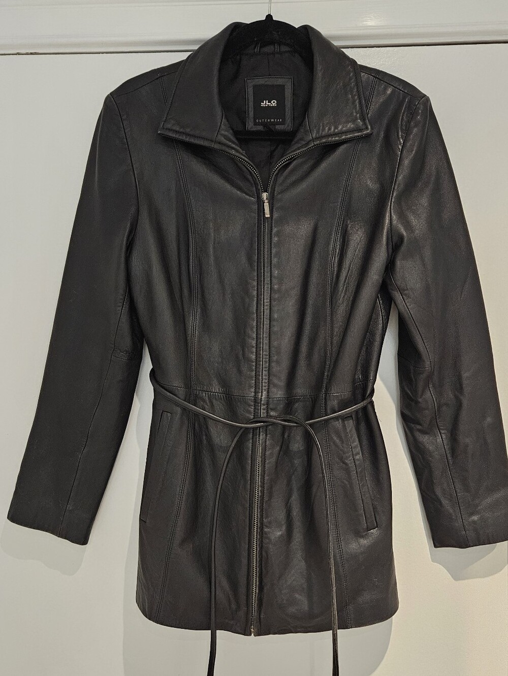 JLC New York Black Leather Jacket Size M Mid Length Belted Full Zip Coat